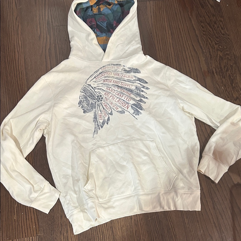 Ralph Lauren Cream denim & supply Indian Aztec lined hoodie sweatshirt XXL - Picture 3 of 5